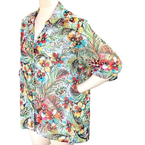 Quintessential Button-Up Roll Tab Sheer Floral Top XL 142L - Picture 2 of 8